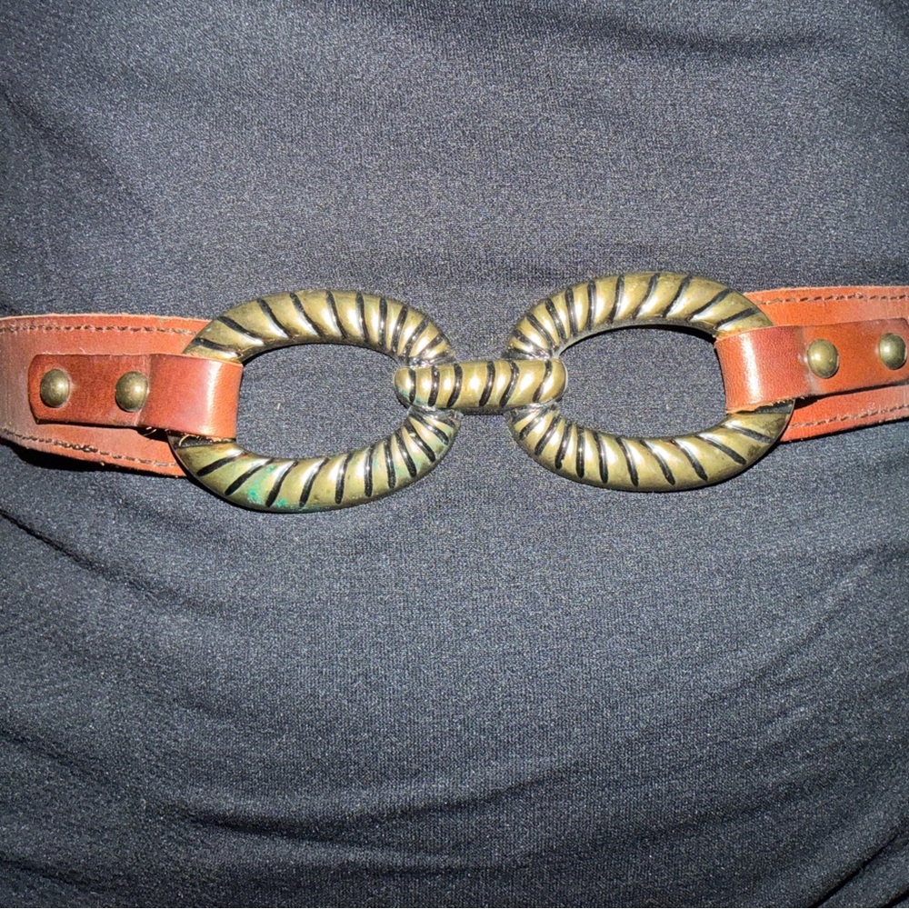 Anthropologie Brown Leather Belt with Antique Gold Oval Buckles
